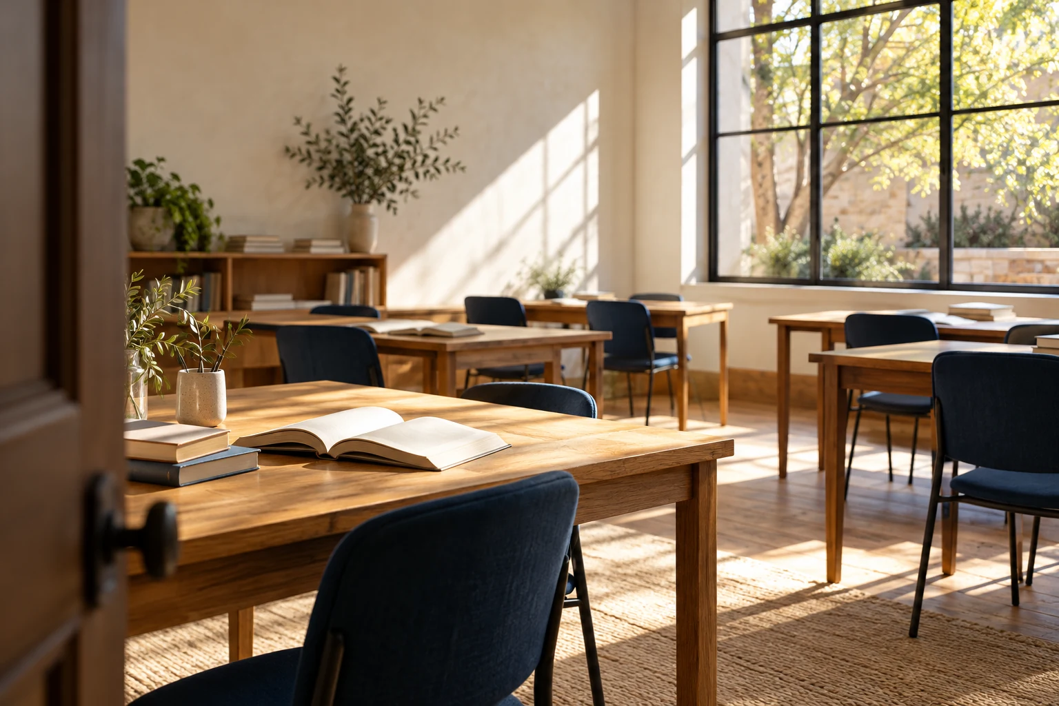 Illustrative empty learning room with open books and warm daylight
