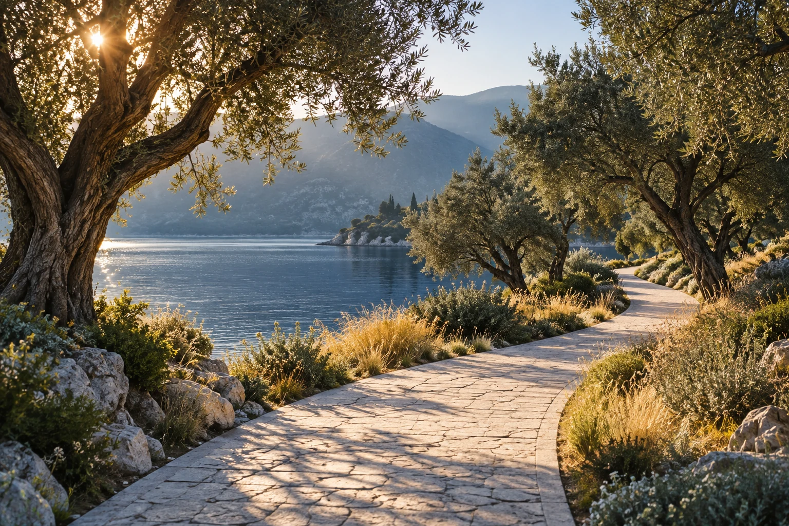 Illustrative walking path beside a quiet lake and mature trees