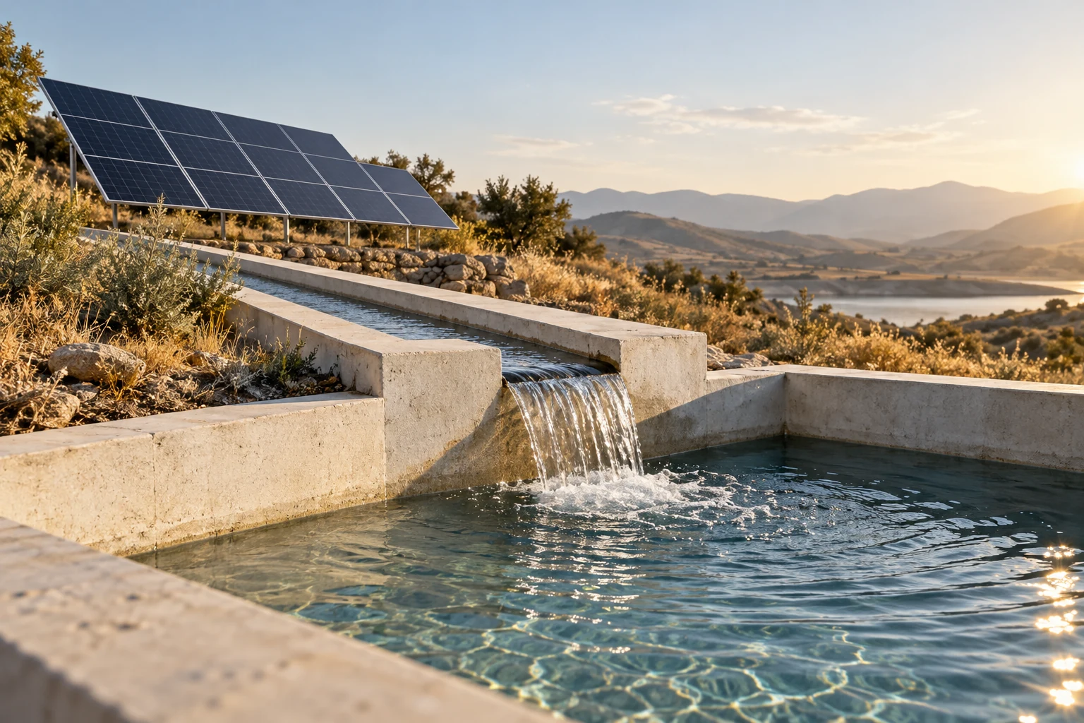 Illustrative solar-powered clean-water installation in a natural landscape